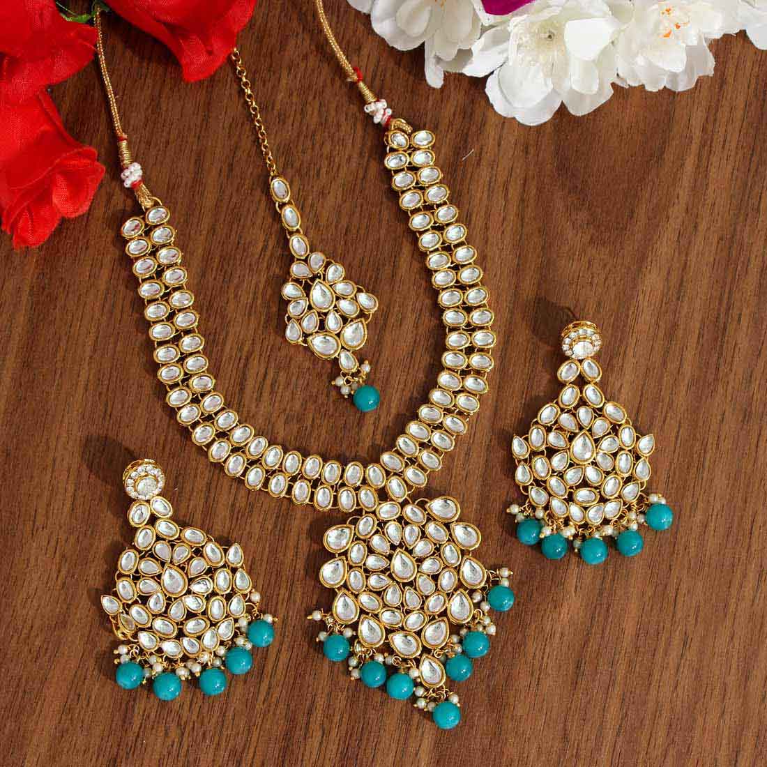 Firozi Color Kundan Necklace Set (KN988FRZ) - Preyans.com