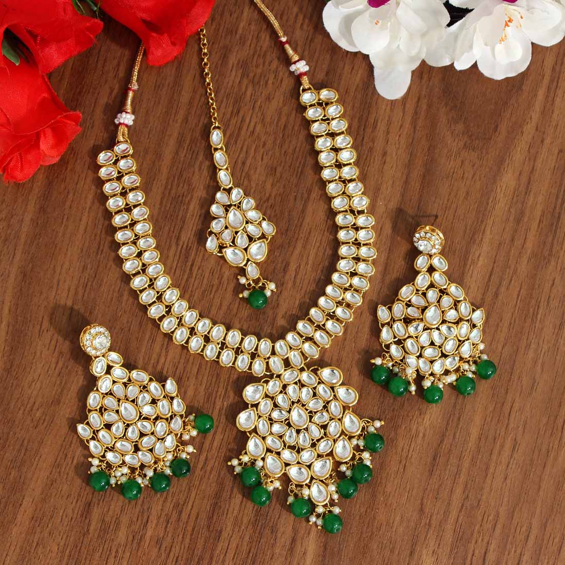 Green Color Kundan Necklace Set (KN988GRN) - preyans.com