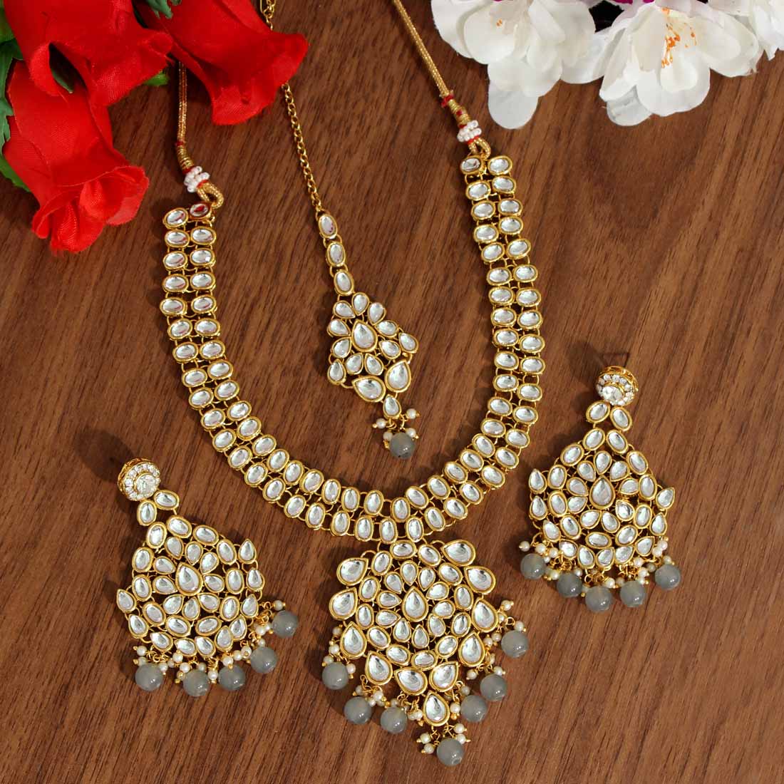 Grey Color Kundan Necklace Set (KN988GRY) - preyans.com