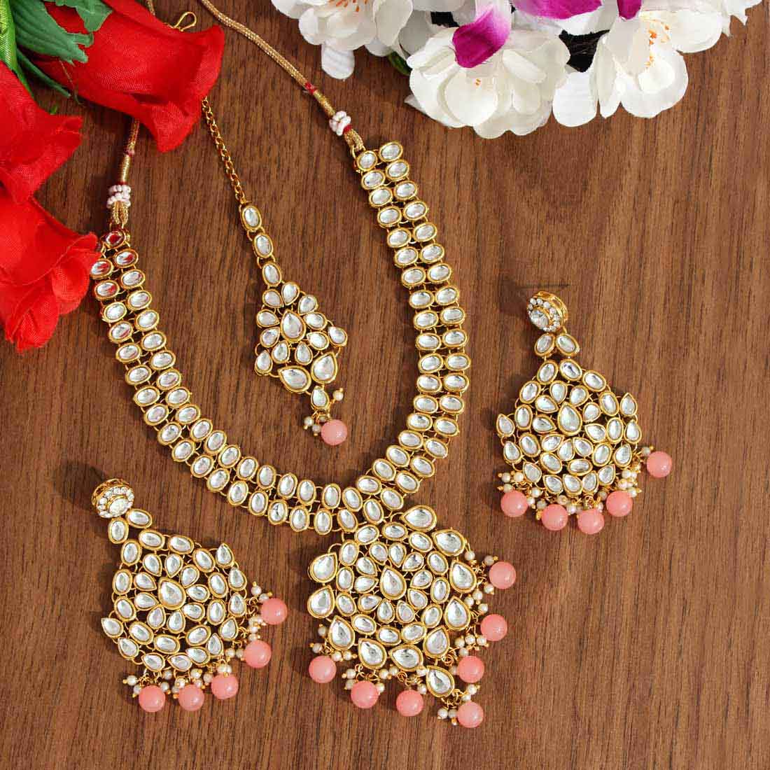 Peach Color Kundan Necklace Set (KN988PCH) - Preyans.com