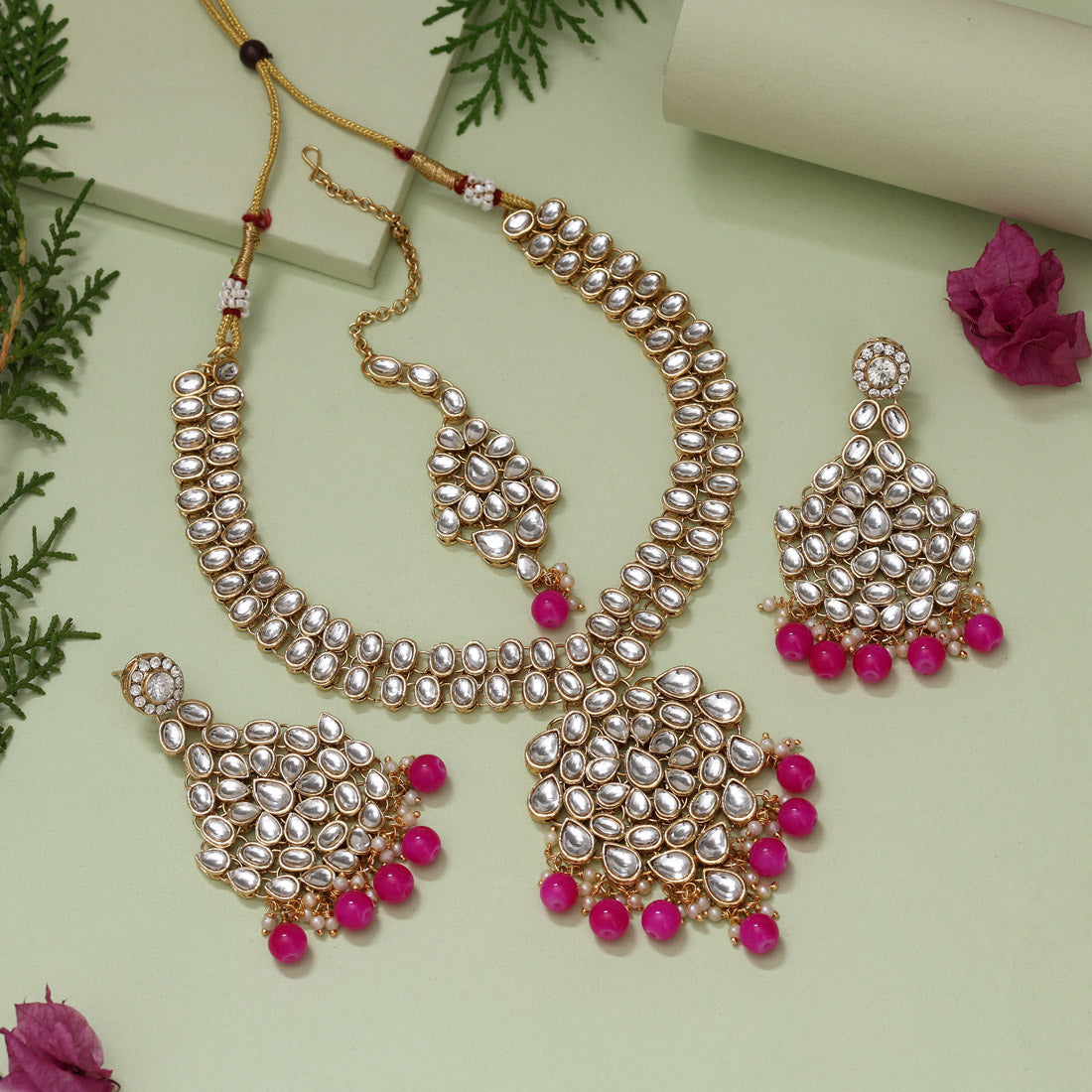 Rani Color Kundan Necklace Set (KN988RNI) - Preyans.com