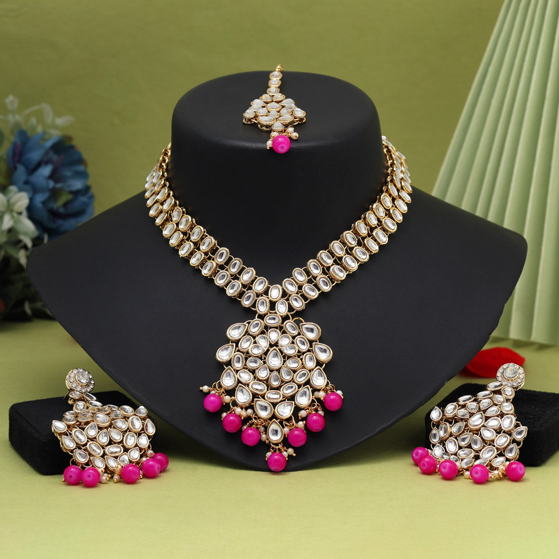 Rani Color Kundan Necklace Set (KN988RNI) - Preyans.com