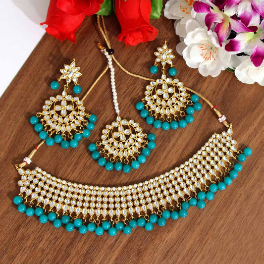 Firozi Color Kundan Necklace Set (KN989FRZ) - preyans.com