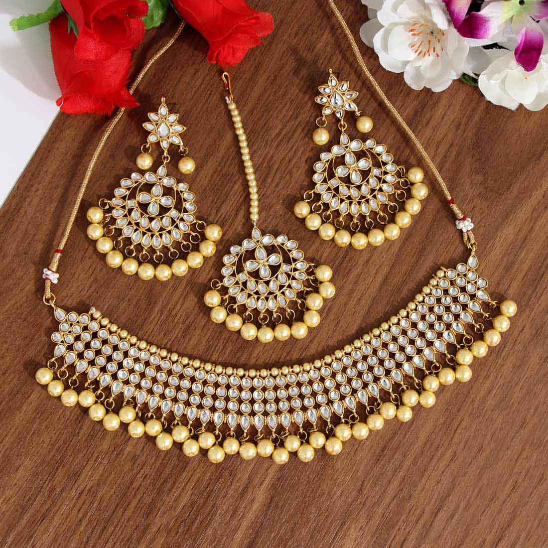 Gold Color Kundan Necklace Set (KN989GLD) - preyans.com