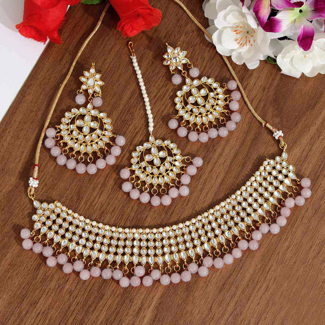 Peach Color Kundan Necklace Set (KN989PCH) - preyans.com