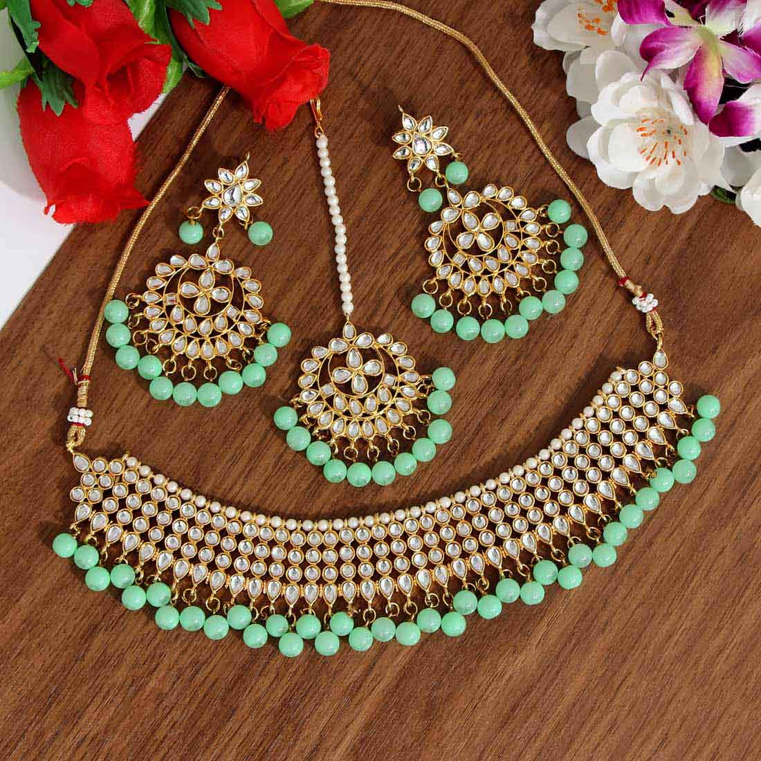 Pista Green Color Kundan Necklace Set (KN989PGRN) - preyans.com