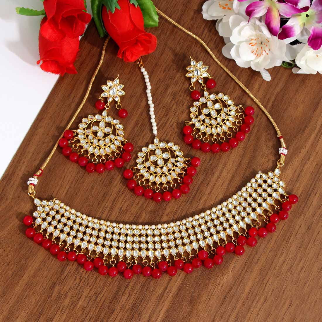 Red Color Kundan Necklace Set (KN989RED) - preyans.com