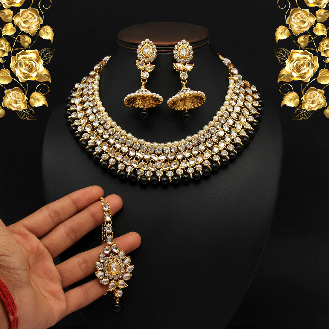 Black Color Kundan Necklace Set (KN995BLK) - preyans.com