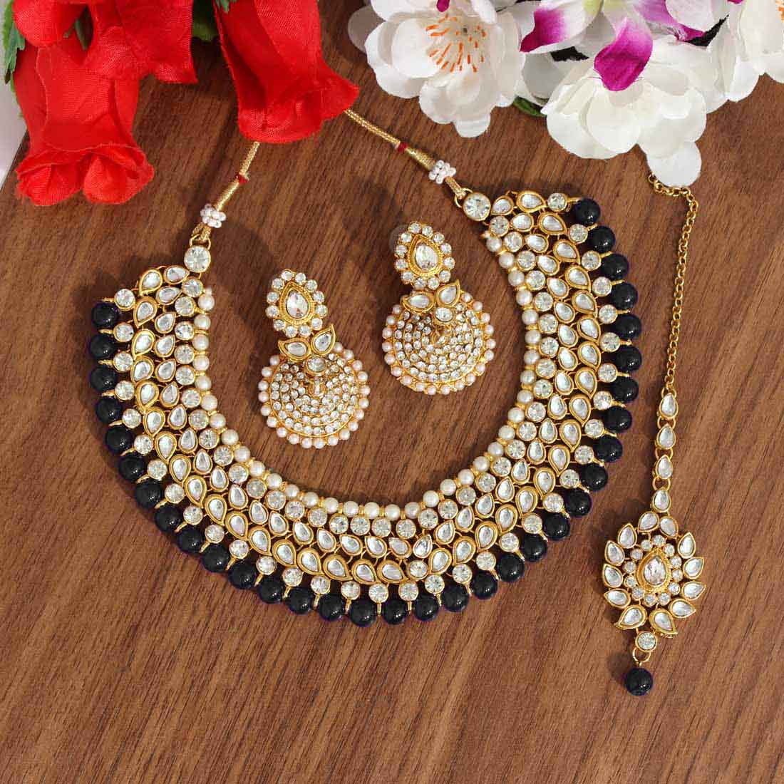 Black Color Kundan Necklace Set (KN995BLK) - preyans.com