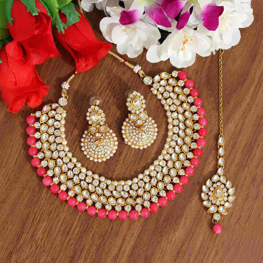 Dark Peach Color Kundan Necklace Set (KN995DPCH) - preyans.com