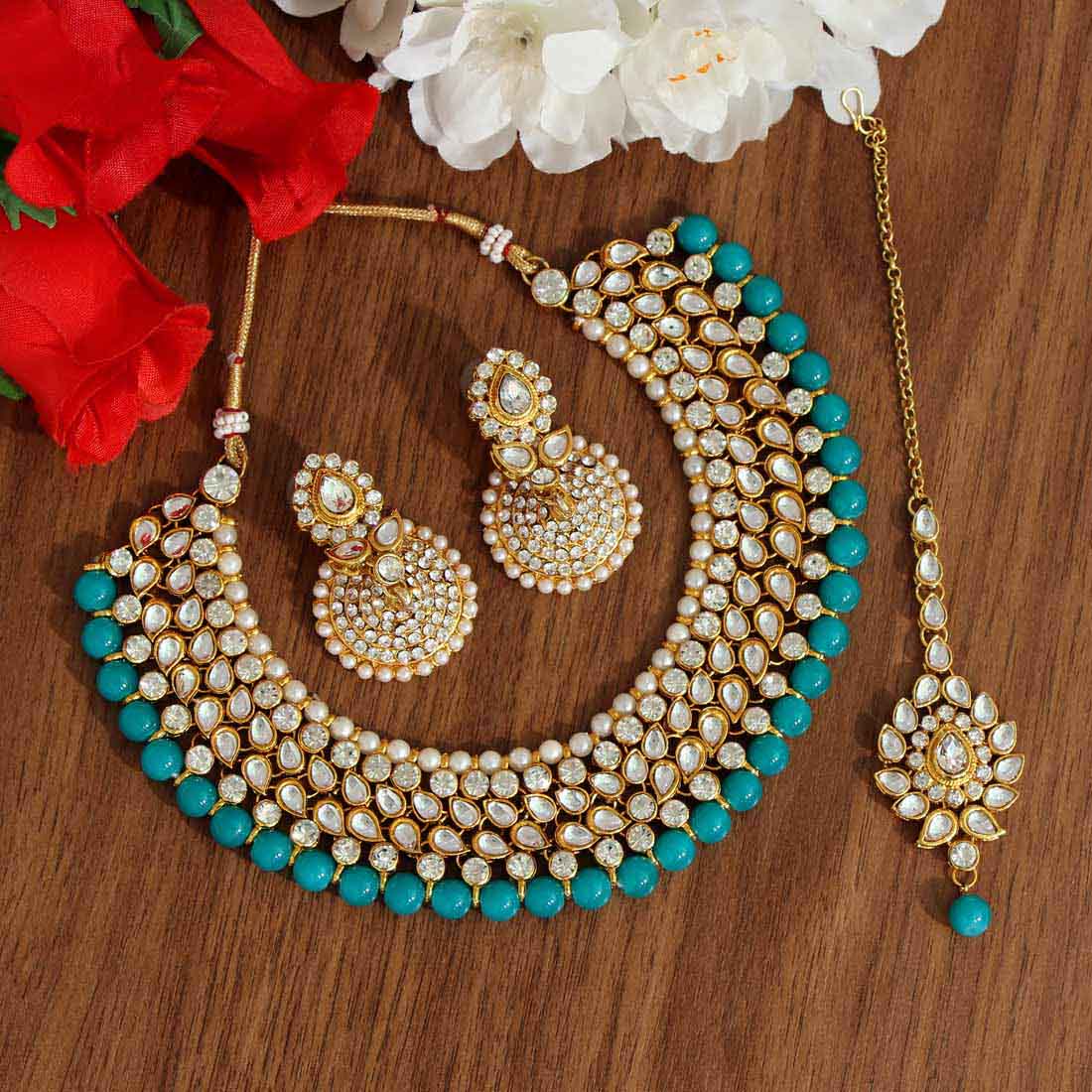 Firozi Color Kundan Necklace Set (KN995FRZ) - preyans.com