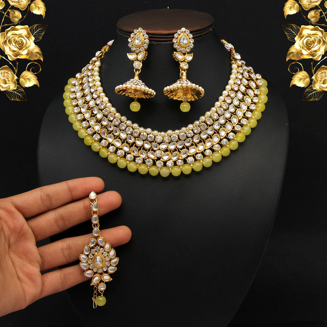 Lemon Yellow Color Kundan Necklace Set (KN995LYLW) - preyans.com