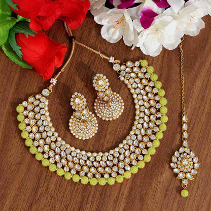 Lemon Yellow Color Kundan Necklace Set (KN995LYLW) - preyans.com