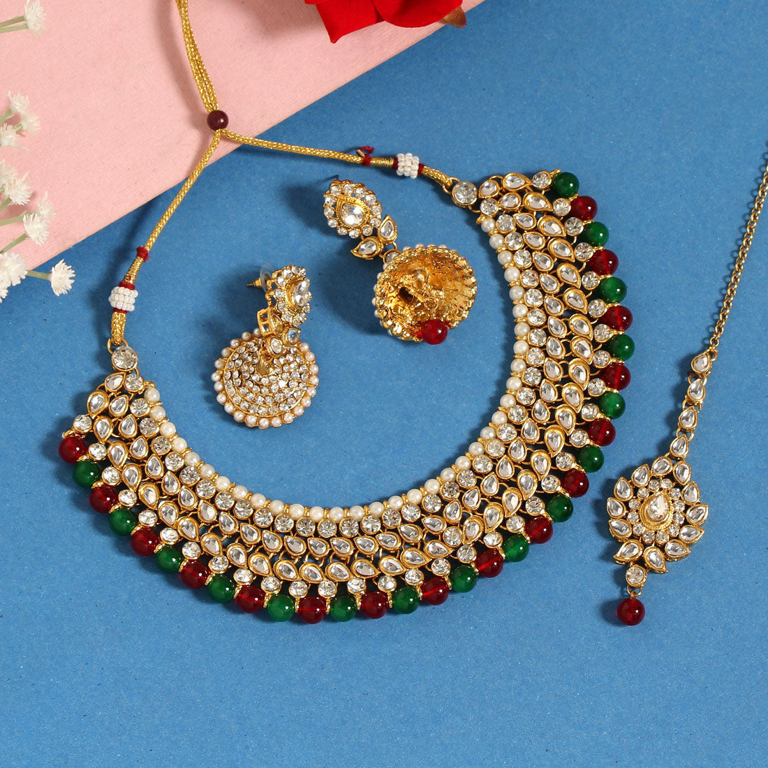 Maroon & Green Color Kundan Necklace Set (KN995MG) - preyans.com