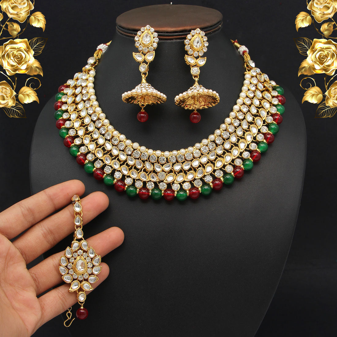 Maroon & Green Color Kundan Necklace Set (KN995MG) - preyans.com