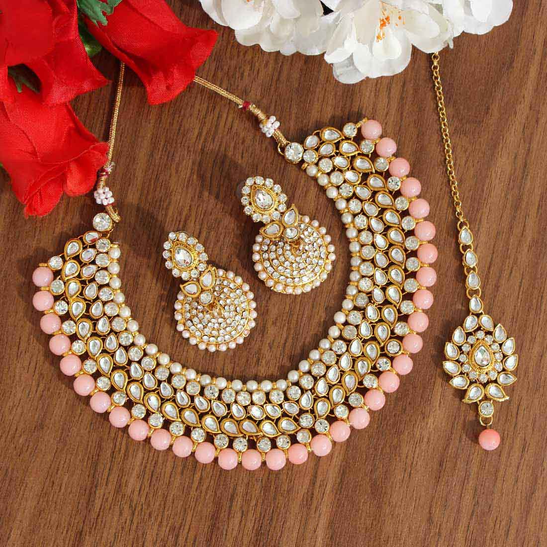 Peach Color Kundan Necklace Set (KN995PCH) - preyans.com