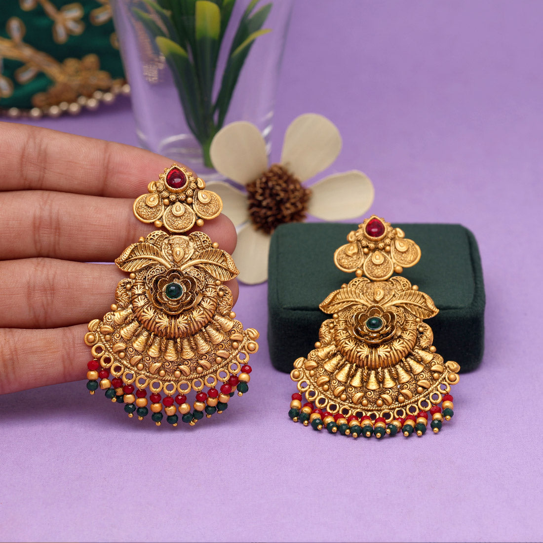 Maroon & Green Color Rajwadi Matte Gold Earrings (MGE226MG) - preyans.com