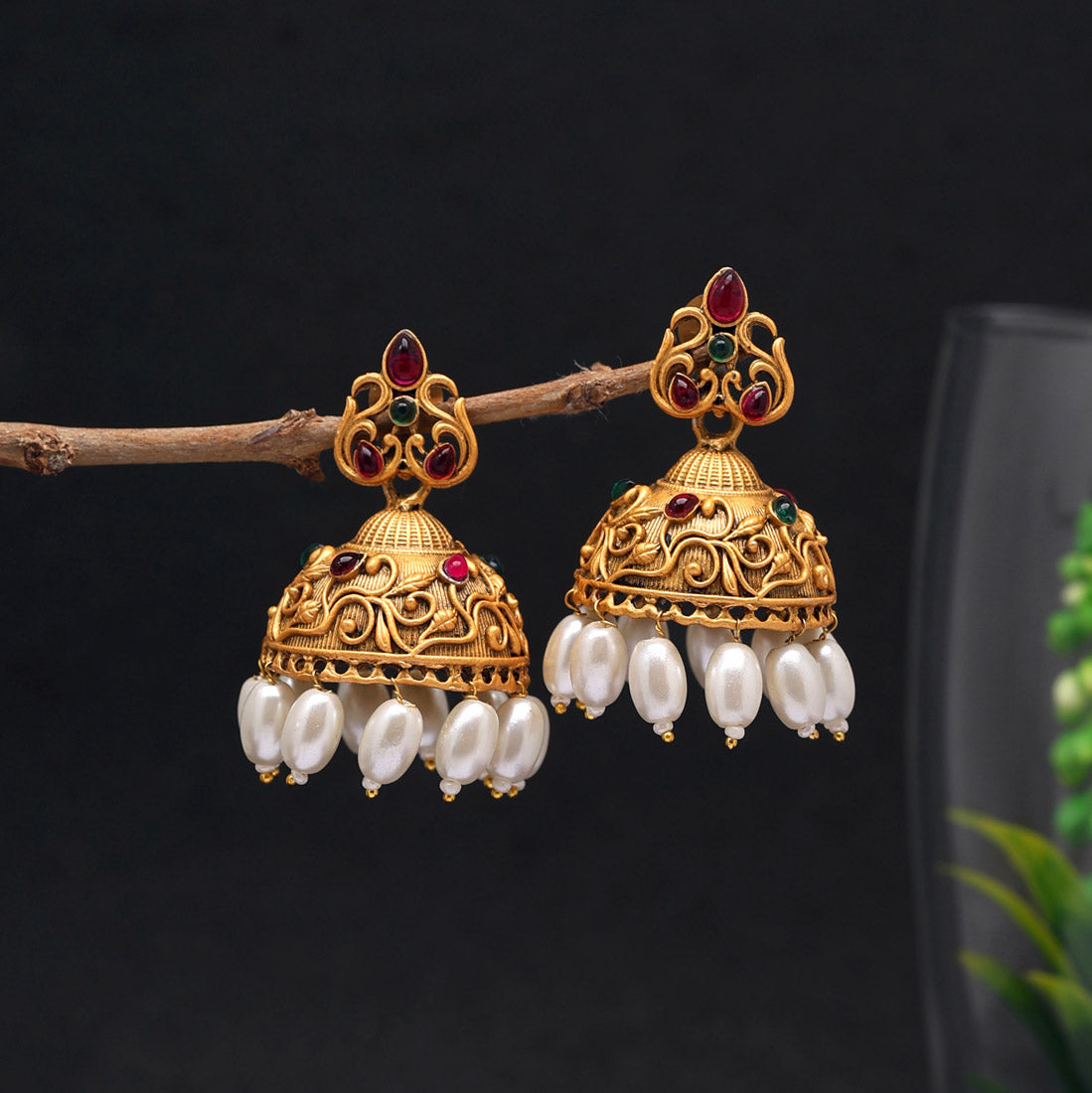 Rani & Green Color Matte Gold Earrings (MGE227RNIGRN) - Preyans.com