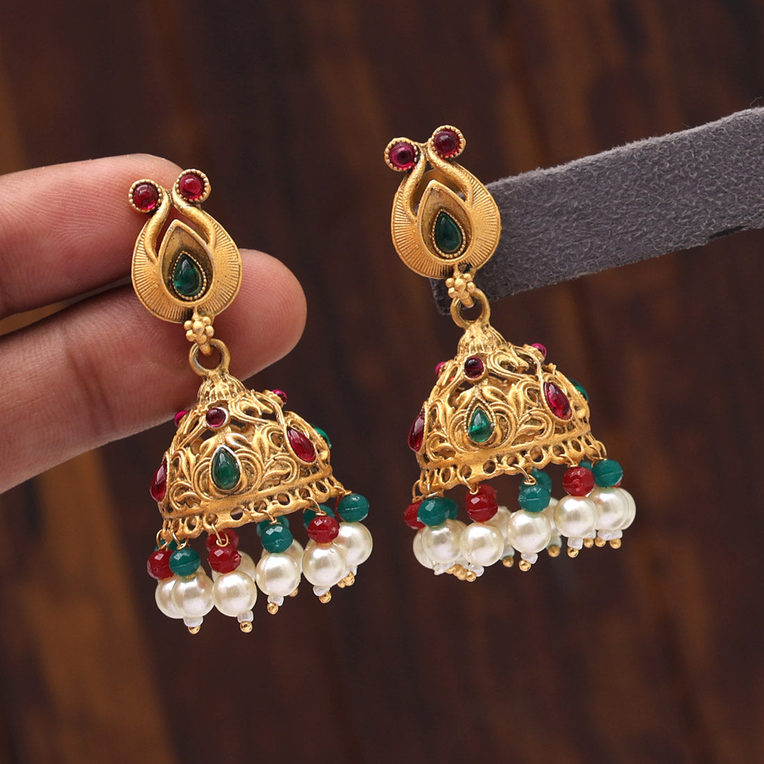 Rani & Green Color Matte Gold Earrings (MGE233RNIGRN) - Preyans.com