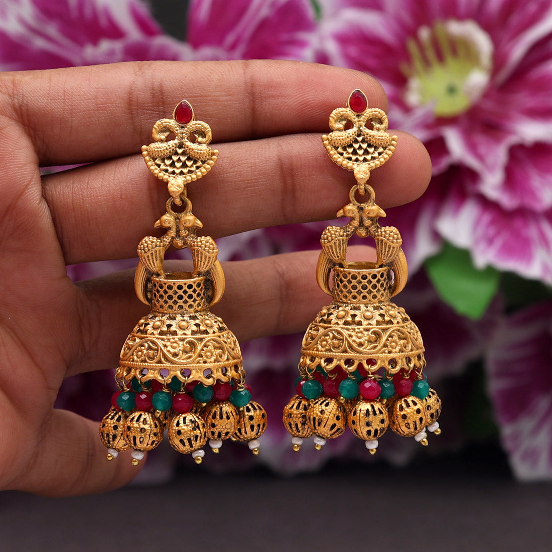 Rani & Green Color Rajwadi Matte Gold Earrings (MGE246RNIGRN) - preyans.com