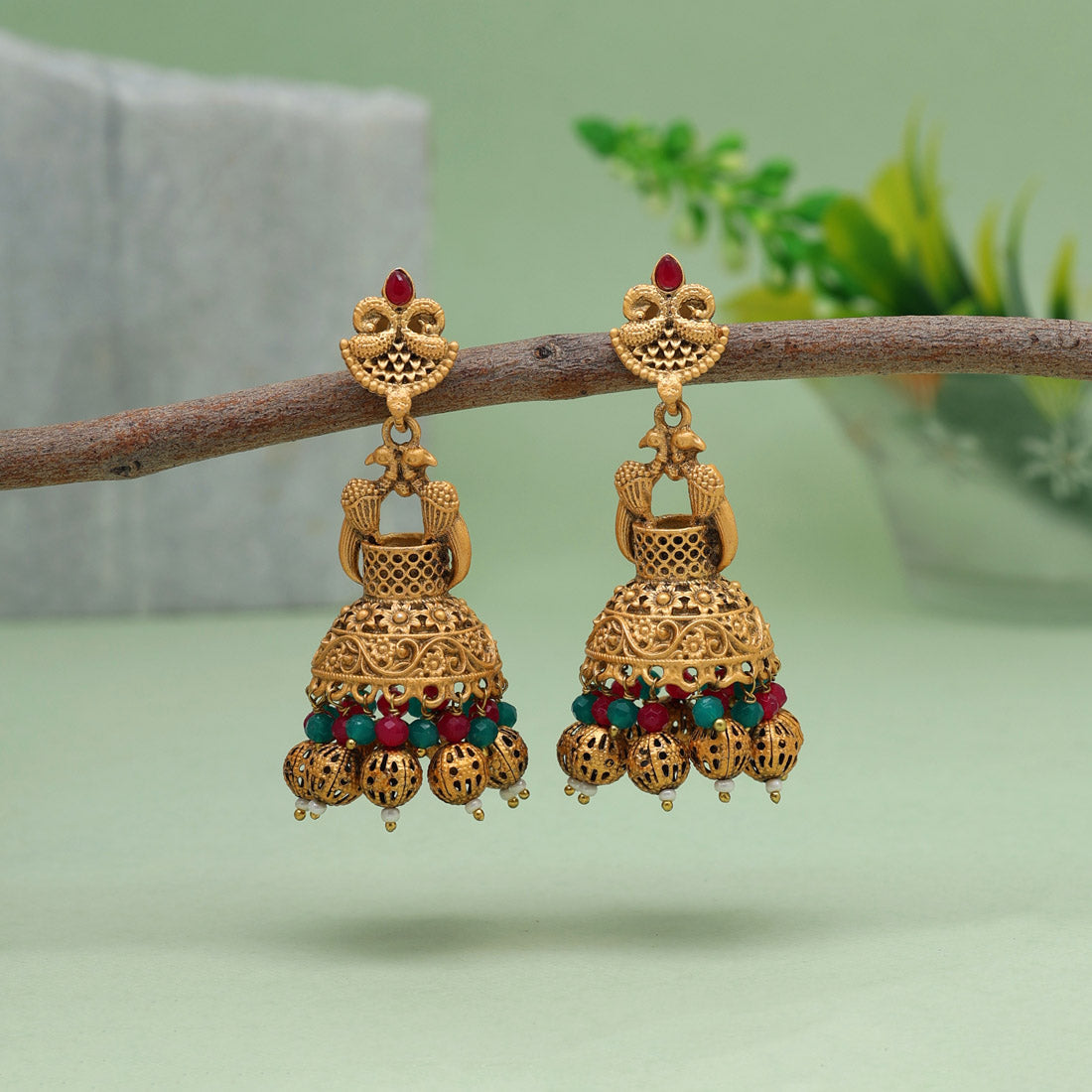 Rani & Green Color Rajwadi Matte Gold Earrings (MGE246RNIGRN) - preyans.com