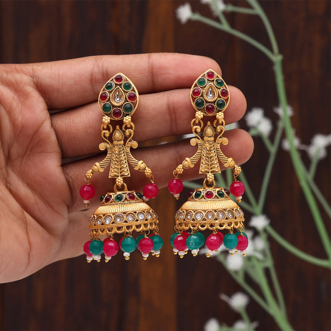 Rani & Green Color Rajwadi Matte Gold Earrings (MGE253RNIGRN) - preyans.com