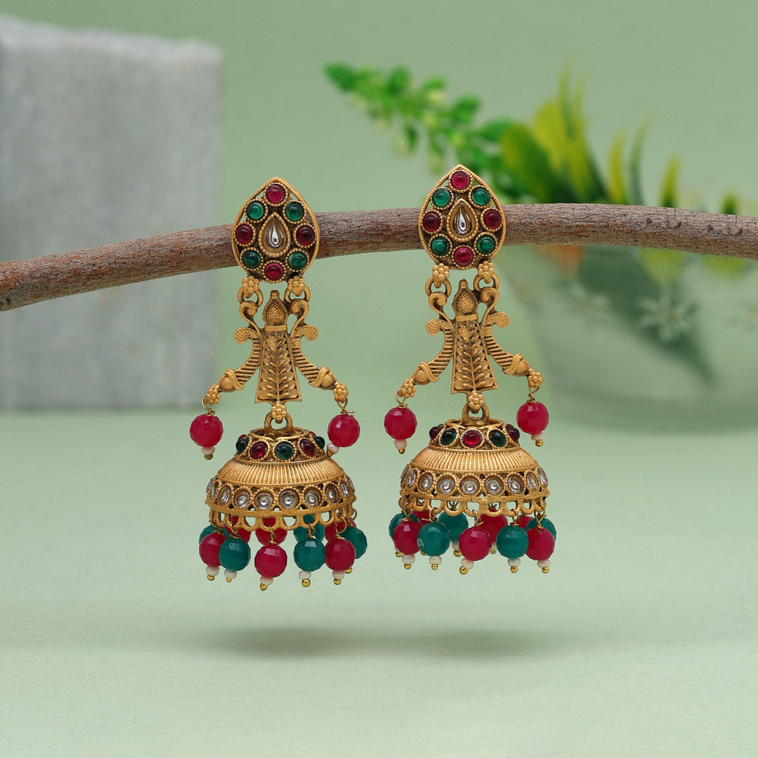 Rani & Green Color Rajwadi Matte Gold Earrings (MGE253RNIGRN) - preyans.com