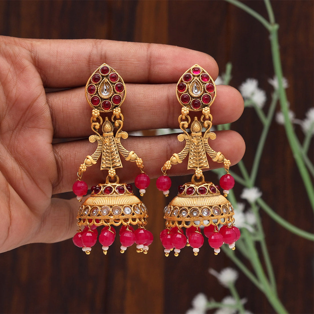 Rani Color Rajwadi Matte Gold Earrings (MGE253RNI) - preyans.com