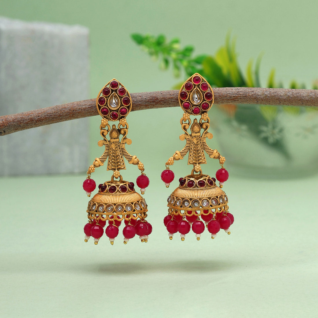 Rani Color Rajwadi Matte Gold Earrings (MGE253RNI) - preyans.com