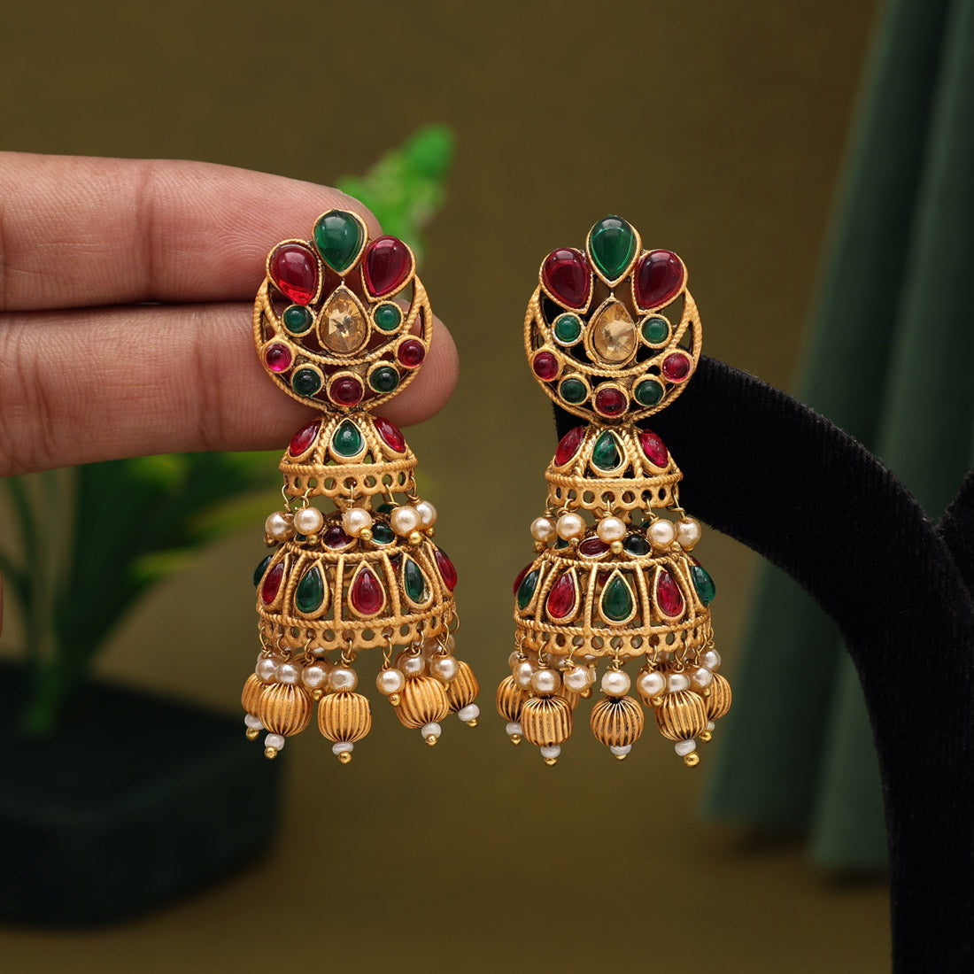 Rani & Green Color Matte Gold Earrings (MGE263RNIGRN) - Preyans.com