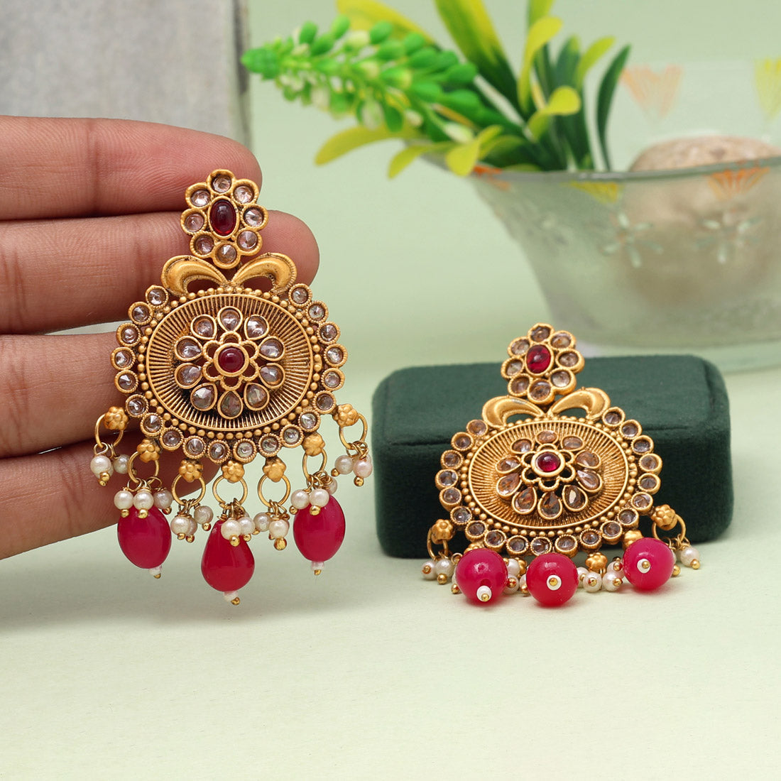 Rani Color Rajwadi Matte Gold Earrings (MGE268RNI) - preyans.com