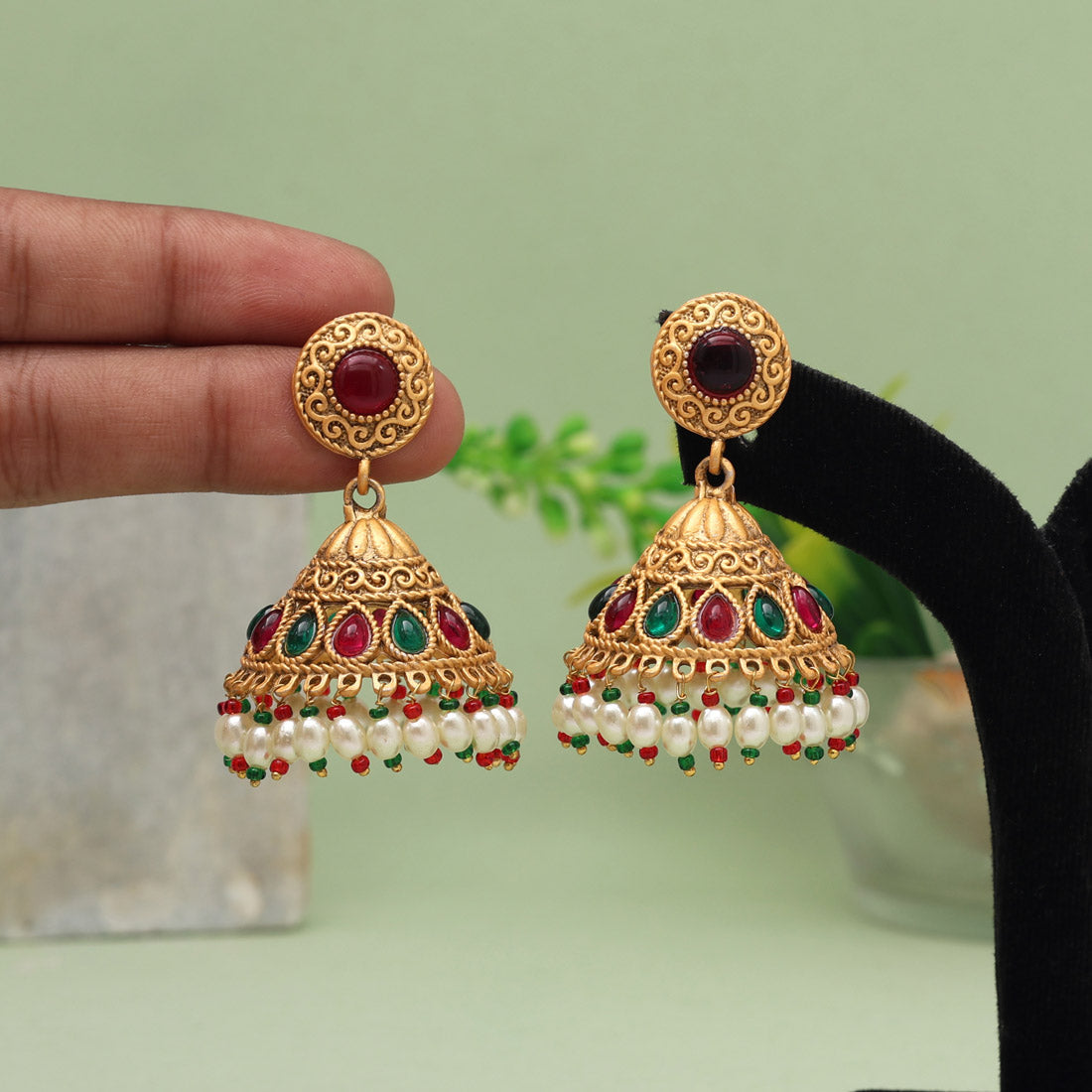 Rani & Green Color Matte Gold Jhumka Earrings (MGE286RNIGRN) - Preyans.com