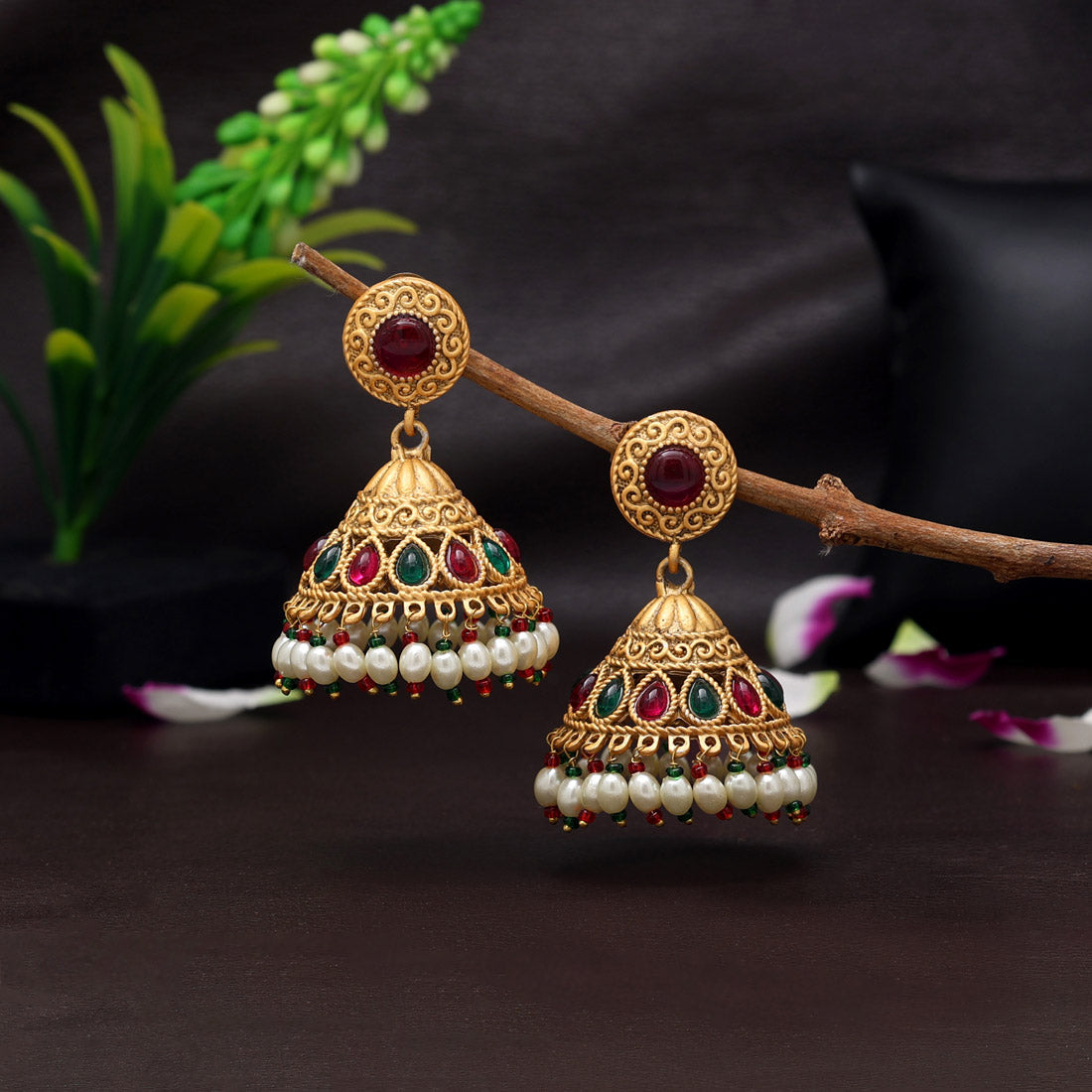 Rani & Green Color Matte Gold Jhumka Earrings (MGE286RNIGRN) - Preyans.com