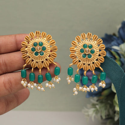 Green Color Rajwadi Matte Gold Earrings (MGE307GRN) - preyans.com