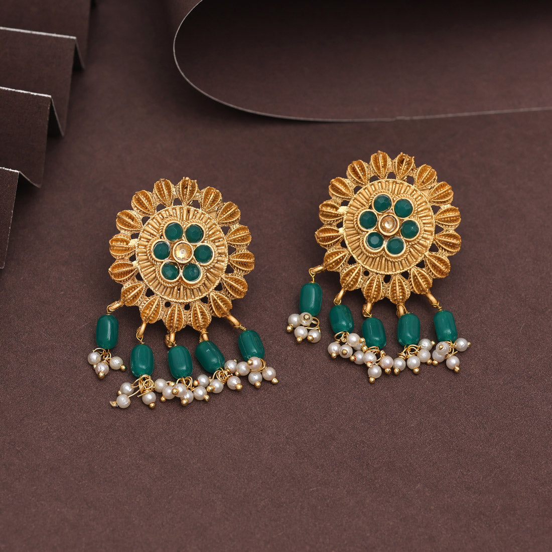 Green Color Rajwadi Matte Gold Earrings (MGE307GRN) - preyans.com