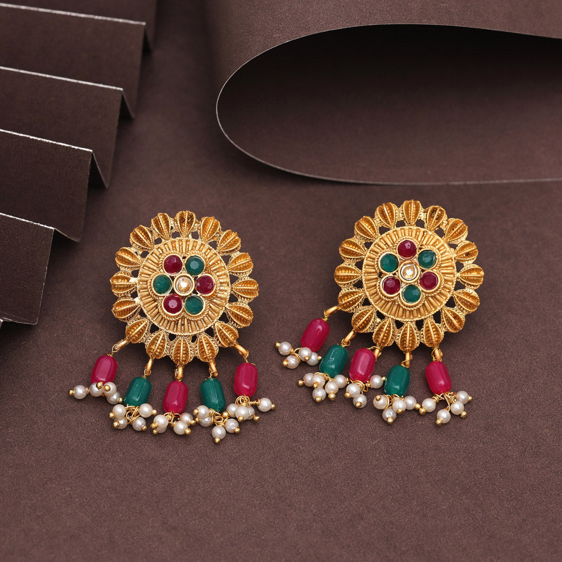 Rani & Green Color Rajwadi Matte Gold Earrings (MGE307RNIGRN) - preyans.com