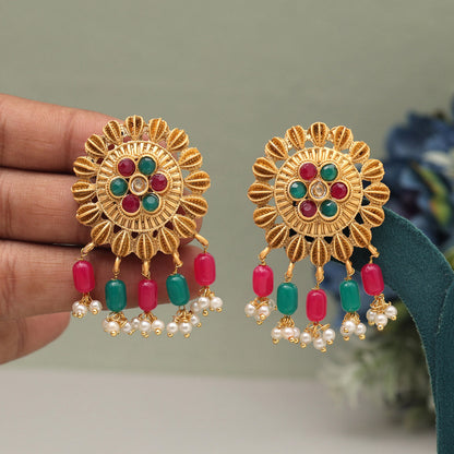 Rani & Green Color Rajwadi Matte Gold Earrings (MGE307RNIGRN) - preyans.com