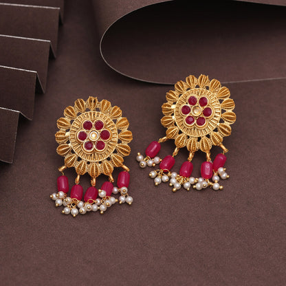 Rani Color Rajwadi Matte Gold Earrings (MGE307RNI) - preyans.com