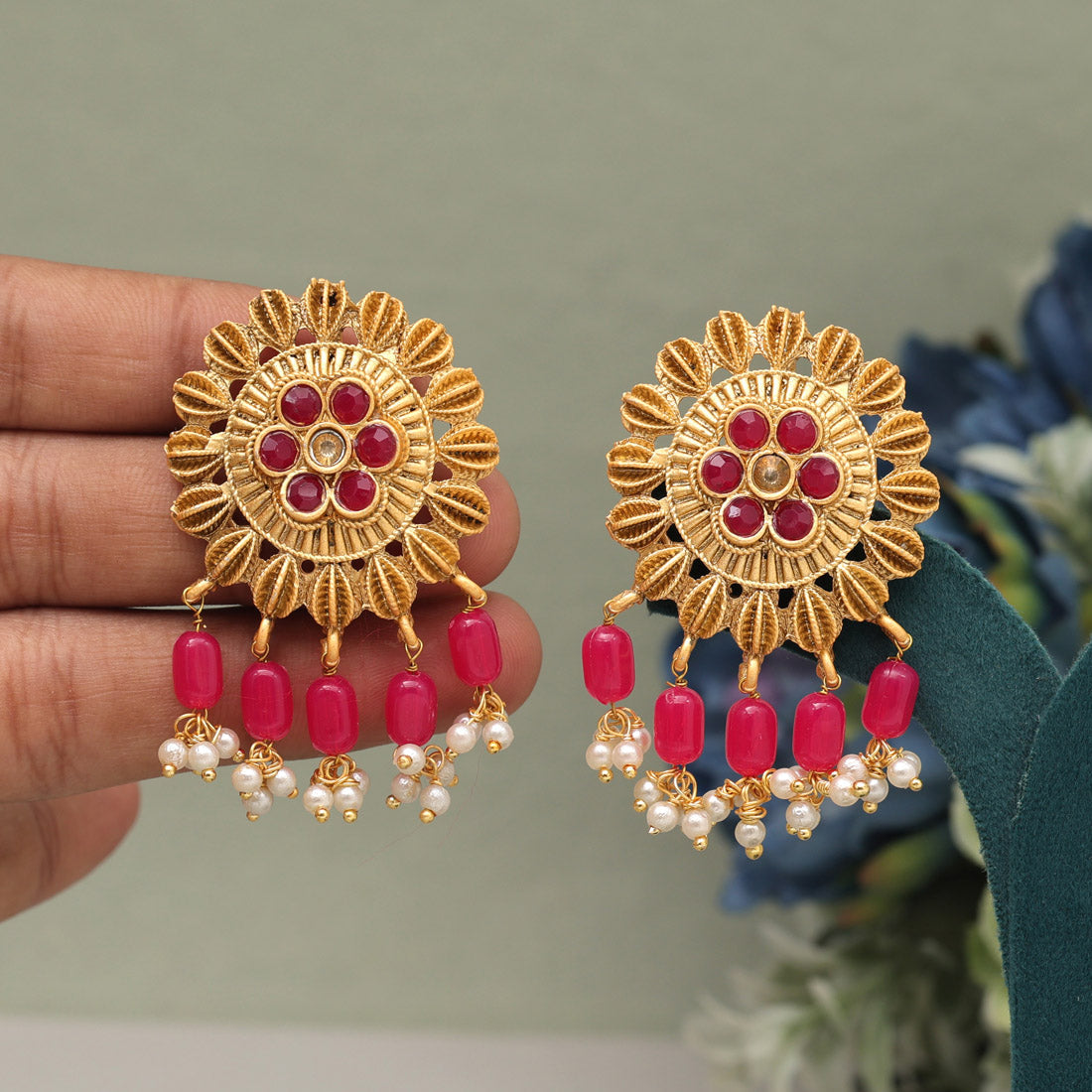 Rani Color Rajwadi Matte Gold Earrings (MGE307RNI) - preyans.com