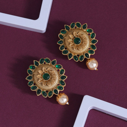 Green Color Rajwadi Matte Gold Earrings (MGE310GRN) - Preyans.com