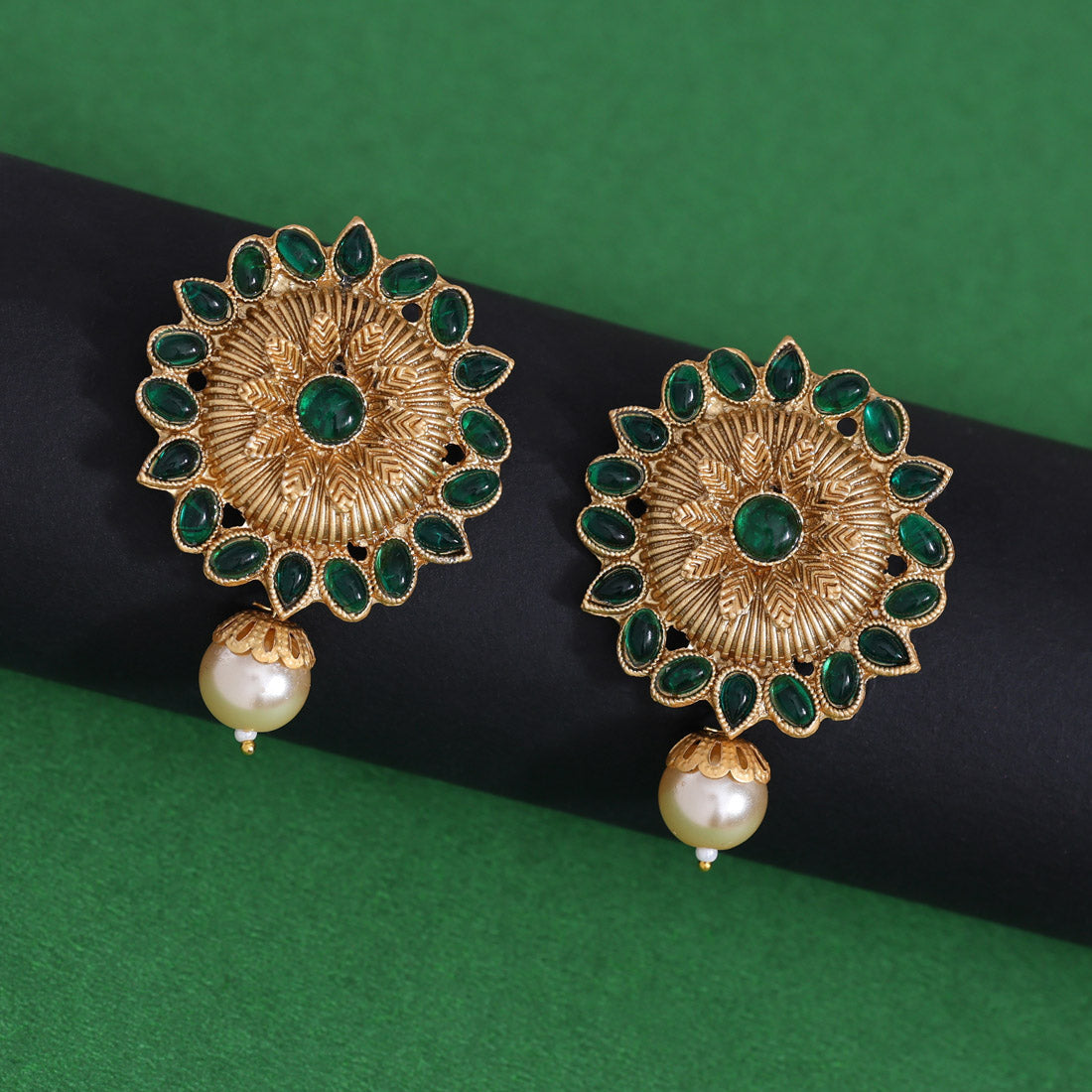 Green Color Rajwadi Matte Gold Earrings (MGE310GRN) - Preyans.com