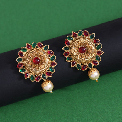 Rani & Green Color Rajwadi Matte Gold Earrings (MGE310RNIGRN) - Preyans.com