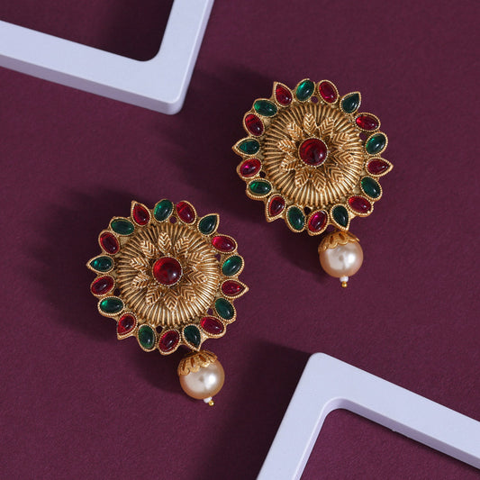 Rani & Green Color Rajwadi Matte Gold Earrings (MGE310RNIGRN) - Preyans.com