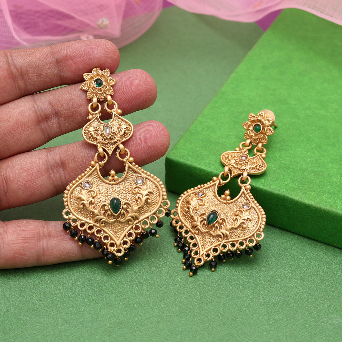 Green Color Rajwadi Matte Gold Earrings (MGE312GRN) - Preyans.com