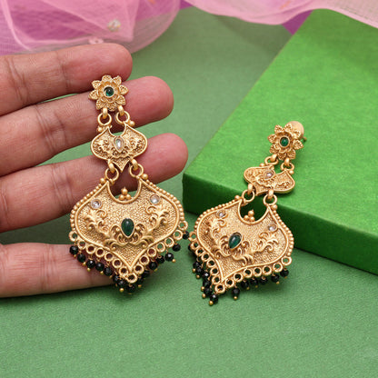 Green Color Rajwadi Matte Gold Earrings (MGE312GRN) - Preyans.com