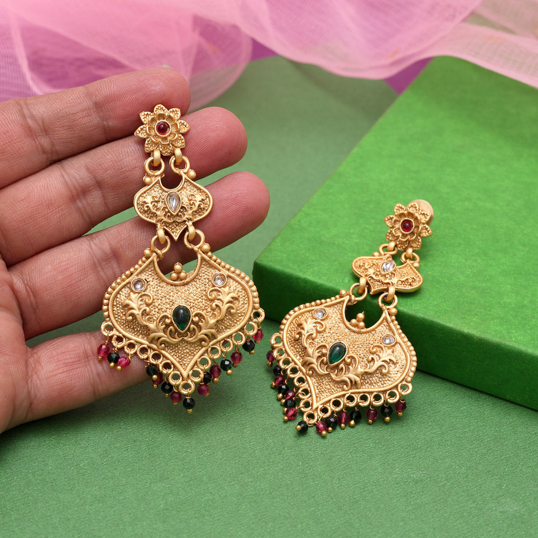 Rani & Green Color Rajwadi Matte Gold Earrings (MGE312RNIGRN) - Preyans.com