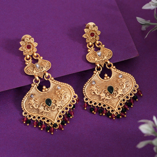 Rani & Green Color Rajwadi Matte Gold Earrings (MGE312RNIGRN) - Preyans.com