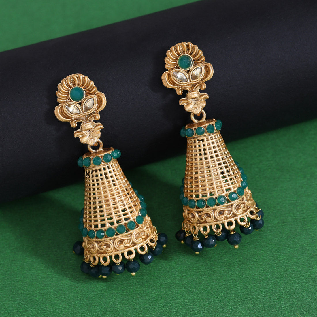 Green Color Rajwadi Matte Gold Earrings (MGE314GRN) - Preyans.com