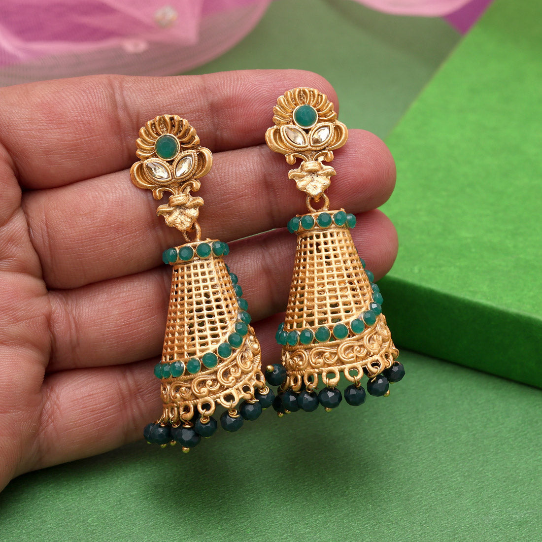 Green Color Rajwadi Matte Gold Earrings (MGE314GRN) - Preyans.com