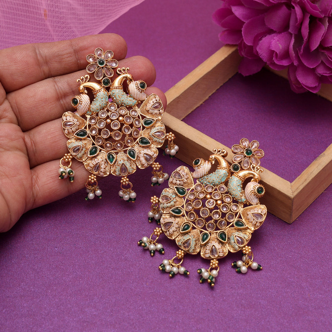 Green Color Rajwadi Matte Gold Earrings (MGE315GRN) - Preyans.com